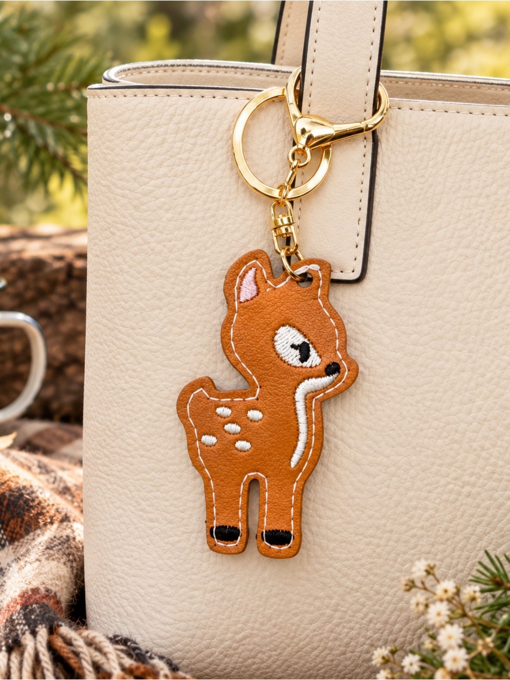 Brown Deer Faux Leather Keychain Bag Charm Double Sided New